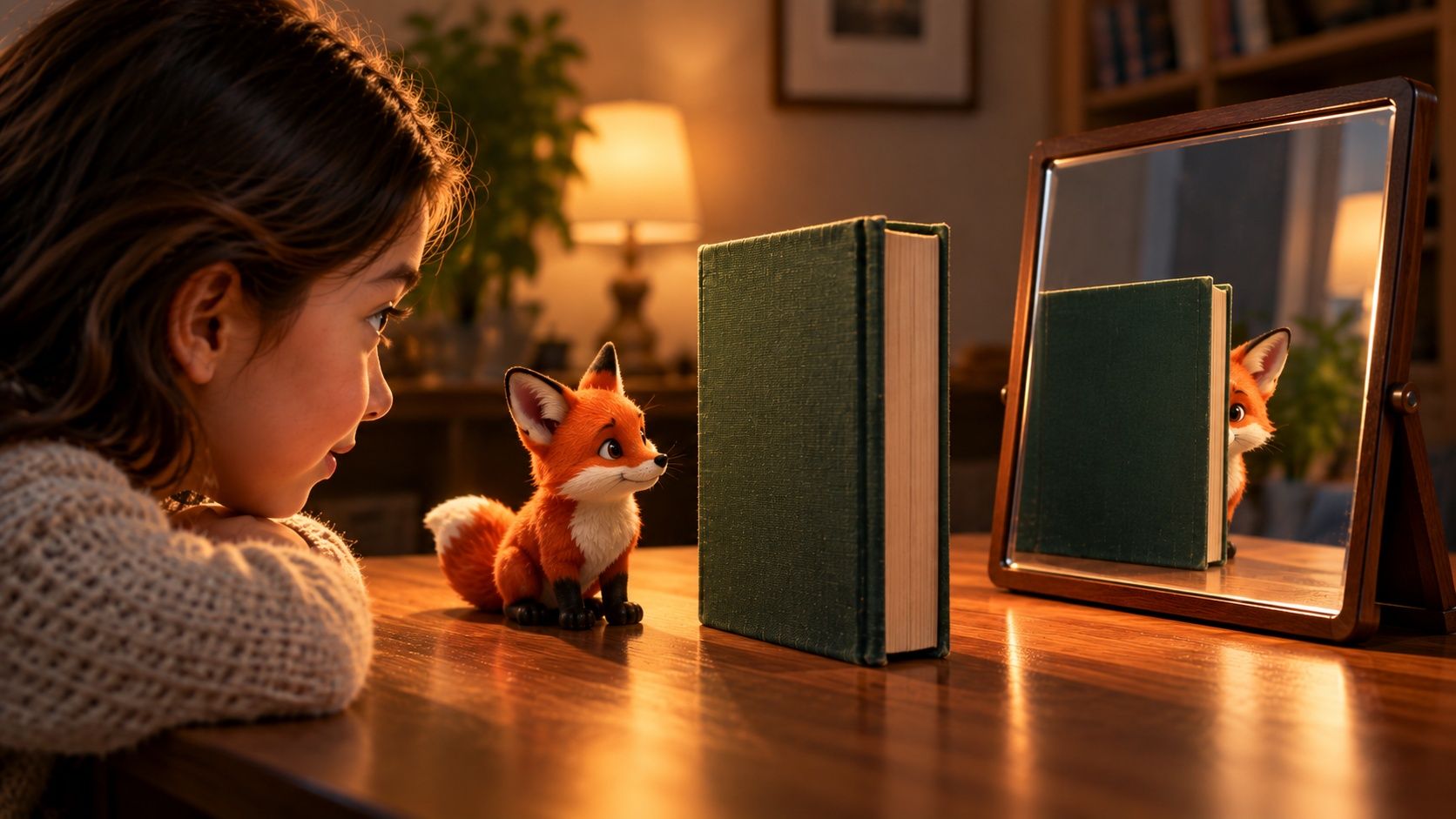 En flicka vid ett bord som tittar på en leksaksräv bredvid en stående bok, med en spegel bakom där räven tittar fram bakom den speglade boken