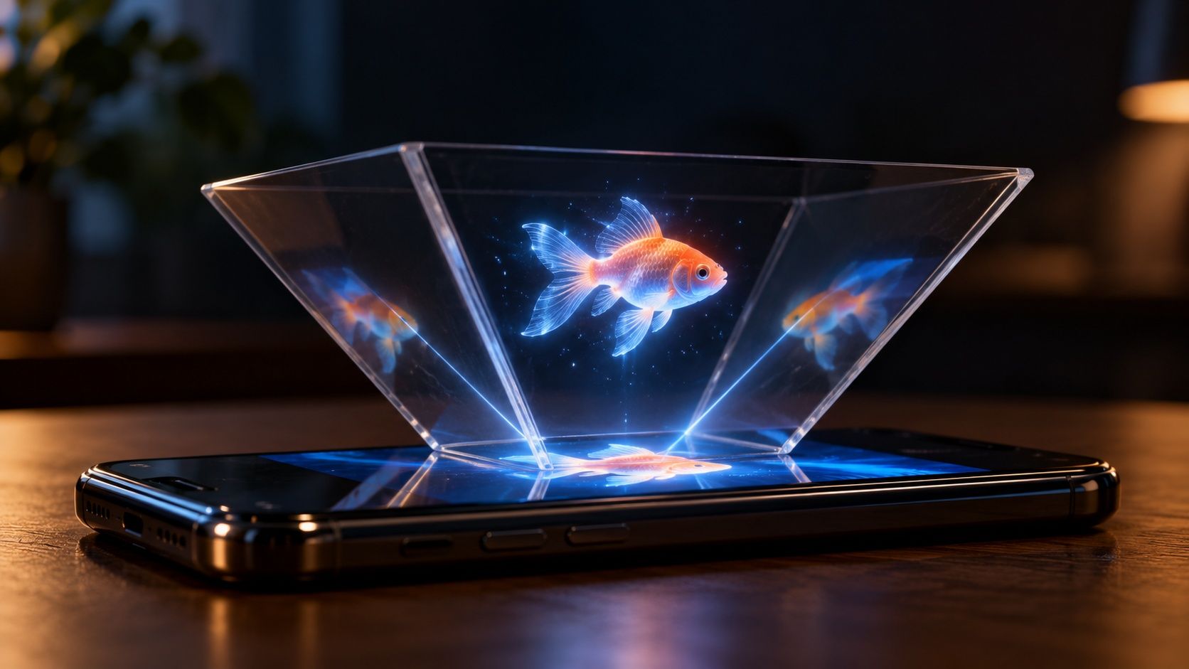 En genomskinlig plastpyramid som står upp och ner på en mobilskärm, med en lysande guldfisk som ser ut att sväva inuti och sin spegelbild på skärmen under