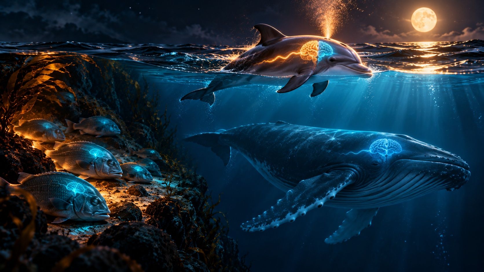 En havsscen på natten med fiskar som vilar på ett rev med svagt glödande hjärnor, en delfin vid ytan där ena hjärnhalvan är vaken och den andra sover, och en vilande knölval