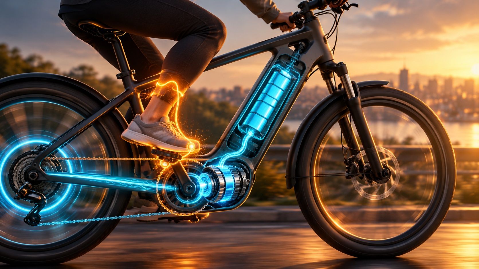 En person som cyklar på en elcykel i solnedgången, med en genomskuren ram som visar ett lysande blått batteri, en motor vid pedalerna och orange energi från cyklistens fot