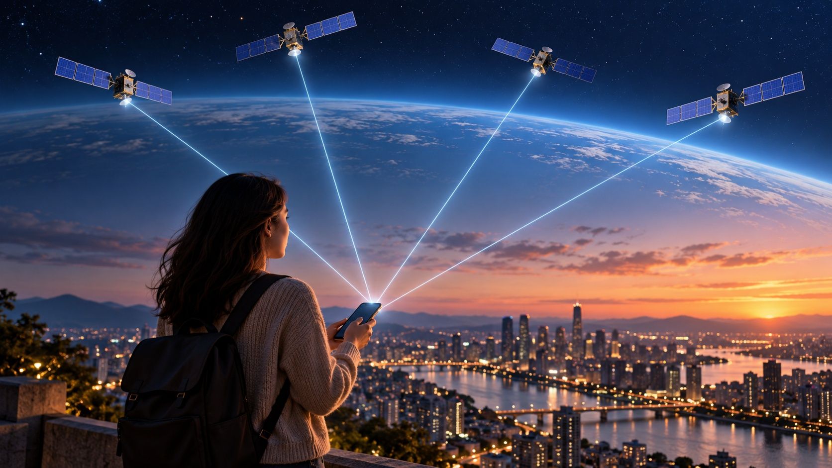 En kvinna med en mobil på en höjd ovanför en stad i skymningen, med fyra ljusstrålar som kopplar ihop mobilen med fyra satelliter ovanför den välvda jorden