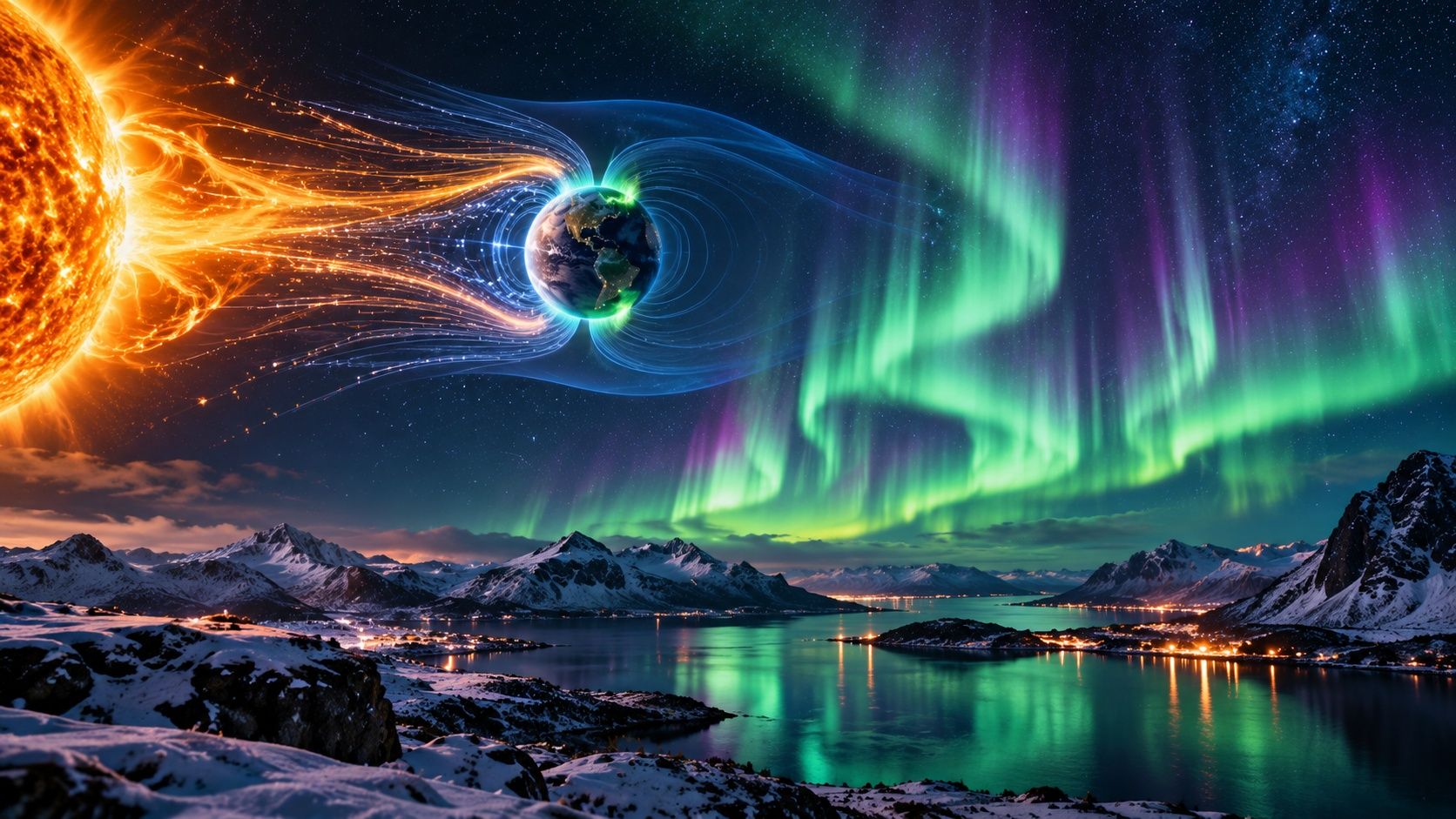 Solen som skickar lysande strömmar av partiklar mot jorden, där blå magnetfältslinjer leder dem mot polerna, ovanför en snöig fjord upplyst av grönt och lila norrsken