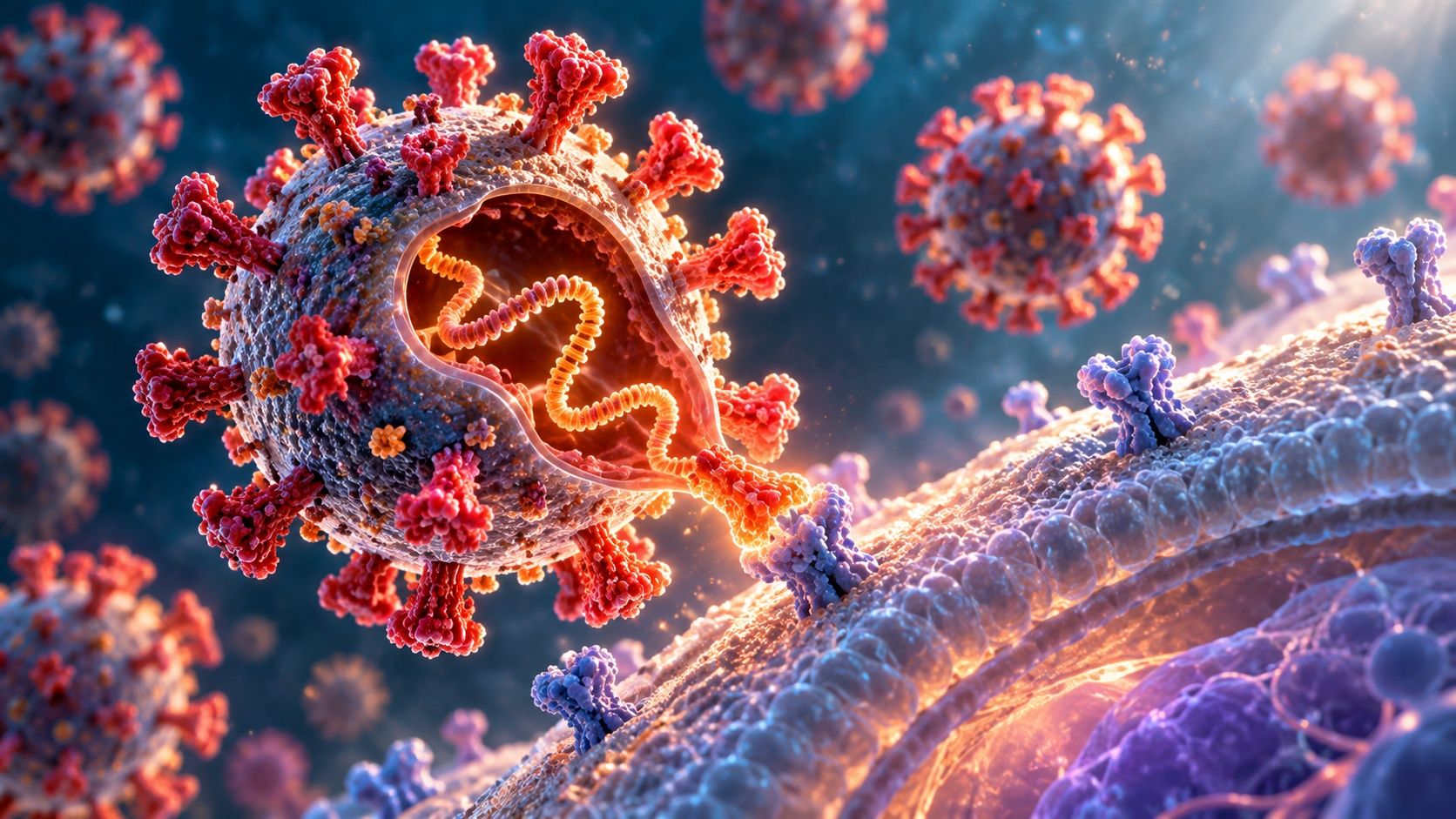 Ett taggigt virus med en genomskärning som visar dess lysande arvsmassa, som fäster vid en receptor på ytan av en mänsklig cell, med fler virus som svävar runt omkring