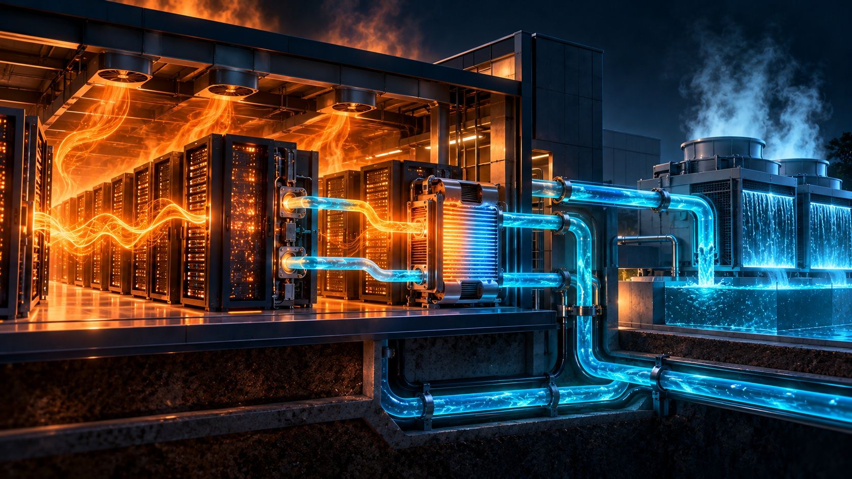 Ett genomskuret datacenter där heta serverrack släpper ut orange värme, rör för den till en värmeväxlare och blått vatten flödar till kyltorn som släpper ut ånga